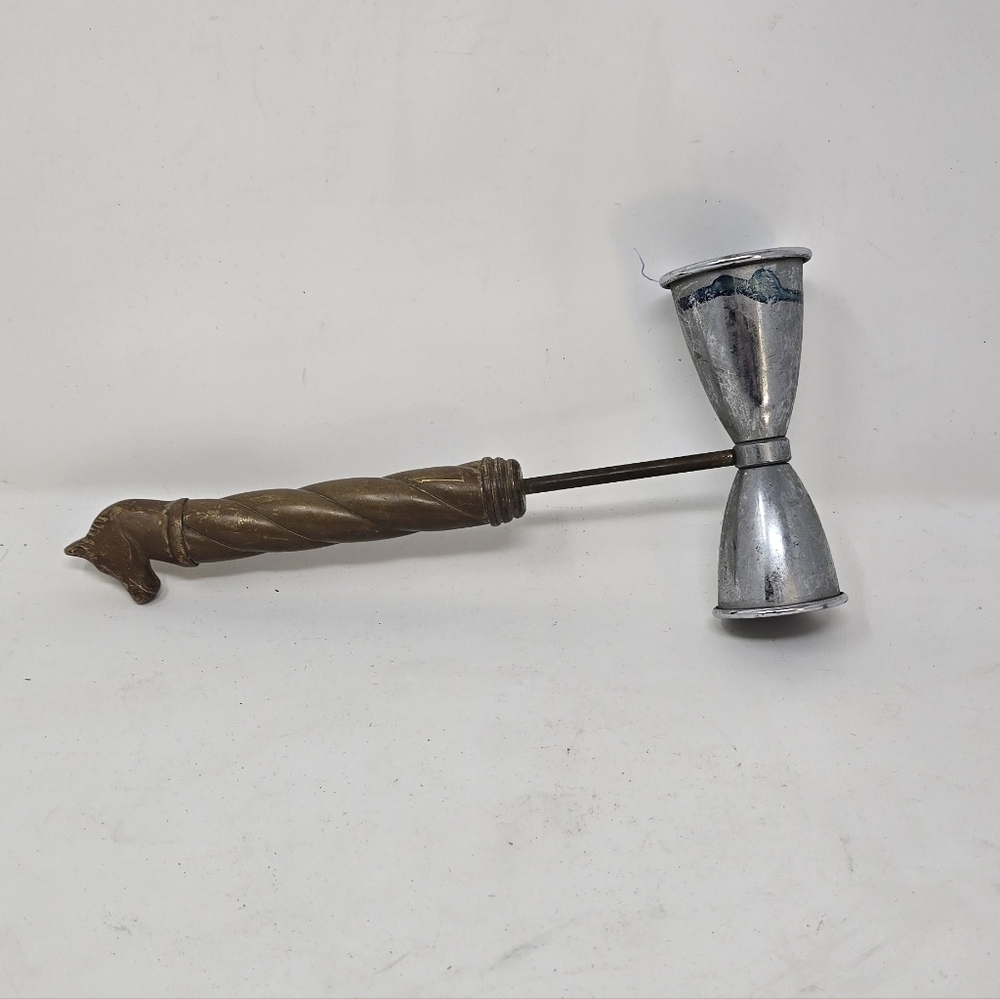 Vtg brass handle double jigger cocktail man cave rustic equestrian mid century